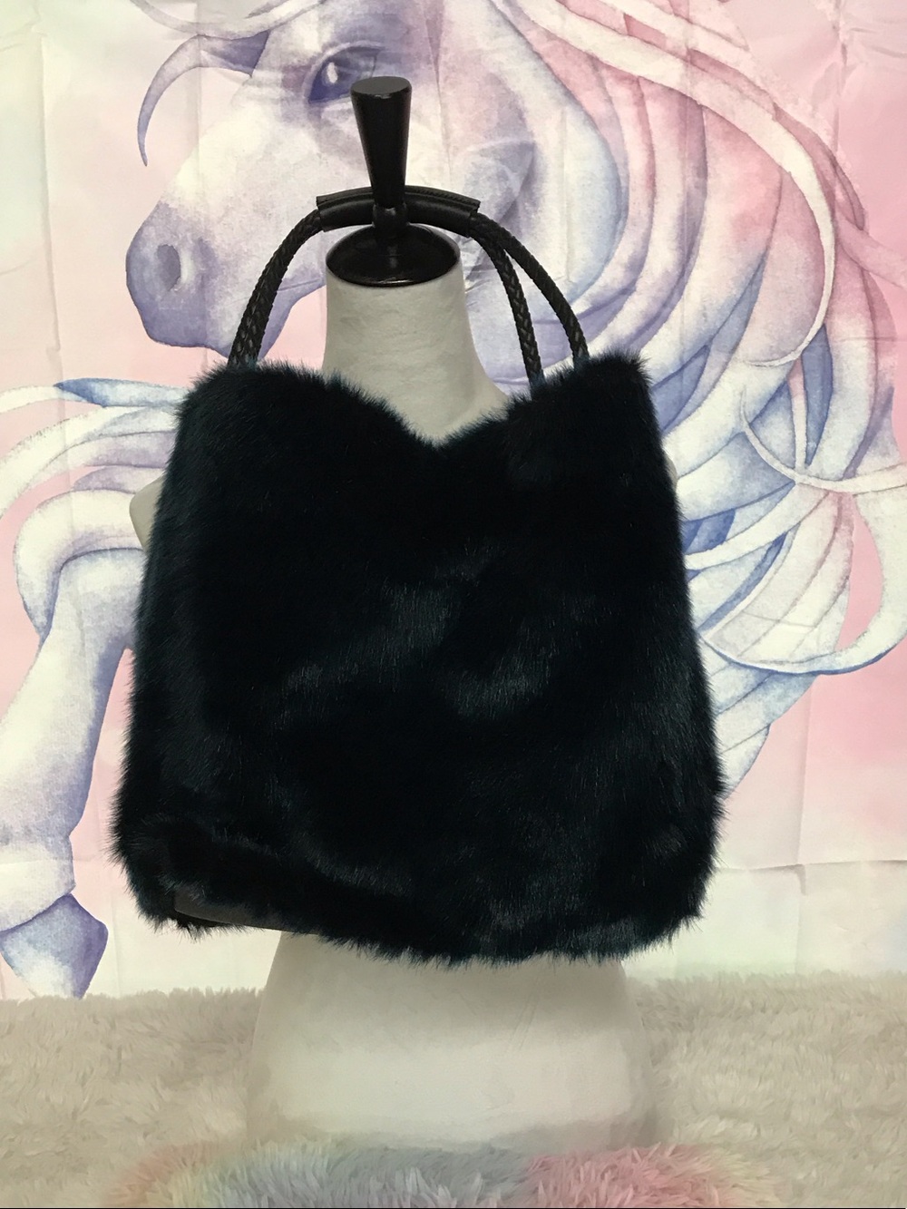 Plush Faux Fur Black Tote with Rope Handles